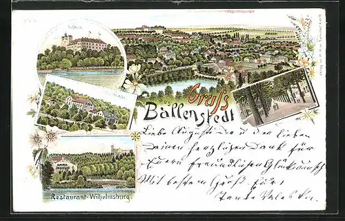 Lithographie Ballenstedt / Harz, Restaurant Wilhelmsburg, Gesamtansicht, Schloss, Villa Friede, Allee