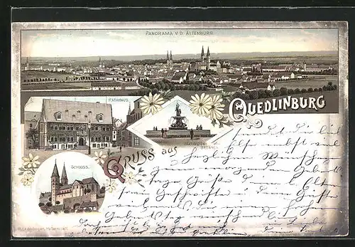 Lithographie Quedlinburg, Panorama v. d. Altenburg, Rathaus, Mathilden-Brunnen, Schloss