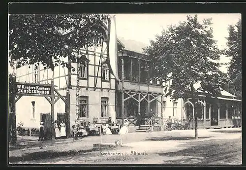 AK Seehausen / Altm., Kurhaus Schillerhain, Veranda mit Besuchern