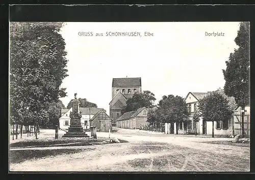 AK Schönhausen / Elbe, Partie auf dem Dorfplatz, Kriegerdenkmal