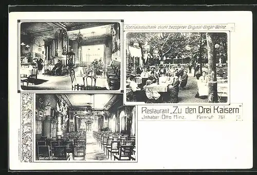 AK Elberfeld, Restaurant Zu den Drei Kaisern, Speisesaal, Sommergarten, Festsaal
