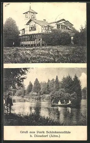 AK Diesdorf / Altmark, Schinkenmühle, Uferpartie und Boot