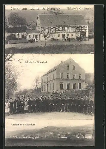 AK Lichtenberg / Erzgeb., Fleischer`s Gasthaus, Schule im Oberdorf, Teilansicht