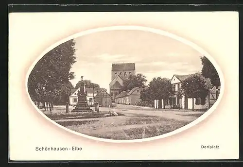 AK Schönhausen-Elbe, Dorfplatz mit Denkmal