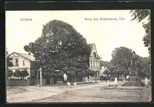 AK Schönhausen-Elbe, Dorfplatz mit Denkmal