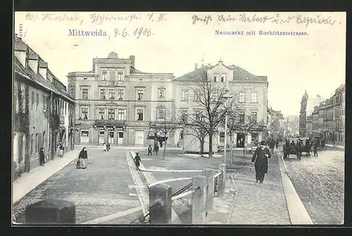 AK Mittweida, Neumarkt und Rochlitzerstrasse mit Geschäften