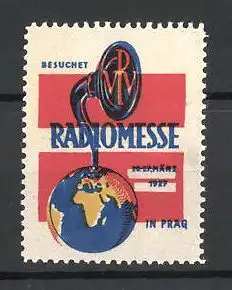Reklamemarke Prag, Radiomesse 1927, Lautsprecher auf Erdkugel