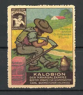 Reklamemarke Kalobion Nährsalzkaffee, Bauer schärft seine Sense