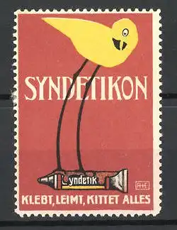 Künstler-Reklamemarke Syndetikon klebt, leimt und kittet alles, Vogel steht auf einer Tube