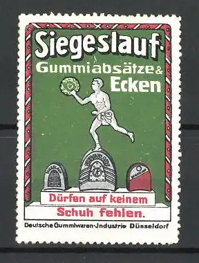 Reklamemarke Siegeslauf Gummiabsätze & Ecken dürfen auf keinem Schuh fehlen, Sportler springt über Absätze