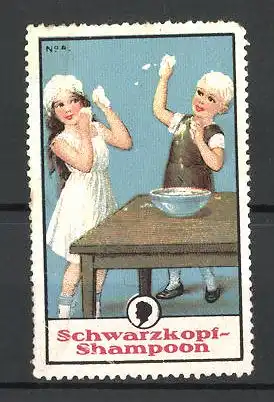Reklamemarke Schwarzkopf-Shampoon, Kinder bewerfen sich mit Seifenschaum