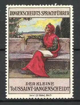 Reklamemarke Toussaint-Langenscheidt's Sprachführer, Sprache Italienisch, hübsche Frau auf einer Bank sitzend