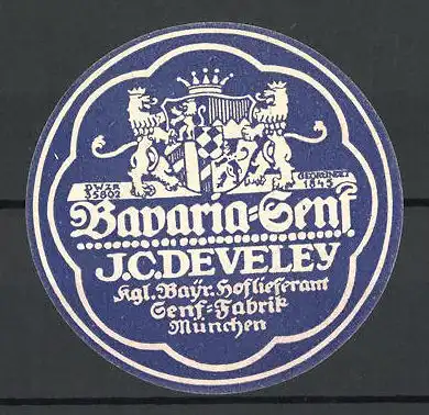 Reklamemarke Bavaria-Senf von J. C. Develey, München, Wappen mit Löwen