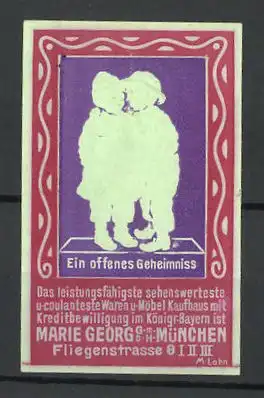 Präge-Reklamemarke Waren- und Möbelkaufhaus Marie Georg, Fliegenstrasse 8, München, Kinderpaar beim Flüstern