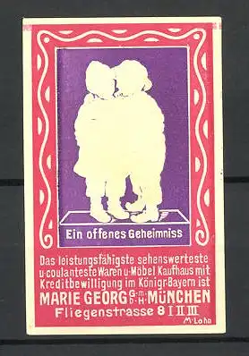 Präge-Reklamemarke Waren- und Möbelkaufhaus Marie Georg, Fliegenstrasse 8, München, Kinderpaar beim Flüstern