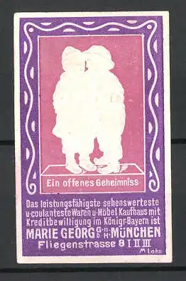 Präge-Reklamemarke Waren- und Möbelkaufhaus Marie Georg, Fliegenstrasse 8, München, Kinderpaar beim Flüstern