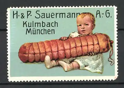 Reklamemarke H. P. Sauermann AG, Kulmbach, kleines Mädchen mit grossem Stück Saft-Schinken