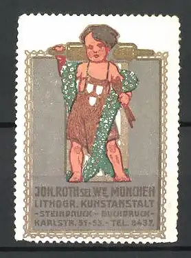 Reklamemarke Lithographische Kunstanstalt Joh. Roth, Karlstr. 51-53, München, Bube mit Blumengirlande