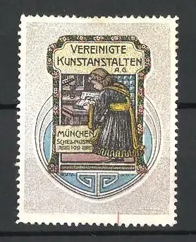 Reklamemarke Vereinigte Kunstanstalten, Schellingstr. 109, München, Münchner Kindl mit Buch in der Hand