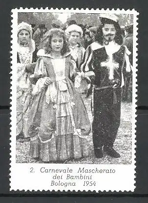 Reklamemarke Bologna, 2. Carnevale Mascherato dei Bambini 1954, kostümierte Kinder zum Fasching