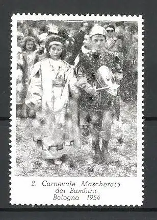 Reklamemarke Bologna, 2. Carnevale Mascherato dei Bambini 1954, kostümierte Kinder zum Fasching