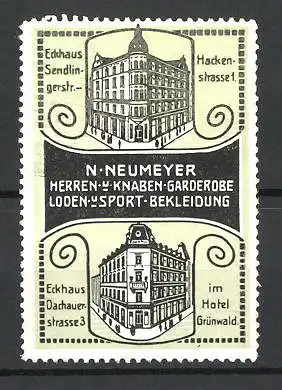 Reklamemarke Herren- und Knabenbekleidung N. Neumeyer, Kaufhäuser Dachauerstr. 3 & Hackenstr. 1