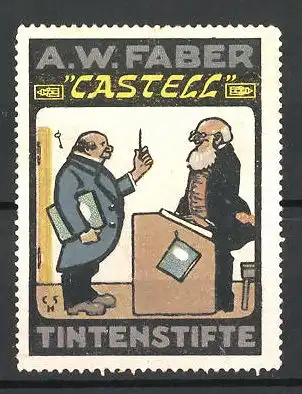 Künstler-Reklamemarke Castell Tintenstifte, A. W. Faber, zwei Professoren im Gespräch