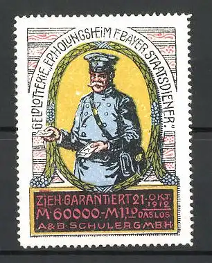 Reklamemarke Geldlotterie Erholungsheim f. Bayer. Staatsdiener 1912, Briefträger mit Post in den Händen