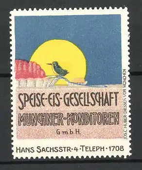 Reklamemarke Speise-Eis-Gesellschaft Münchner Konditoren, Hans-Sach-Str. 4, Spatz an einer Eisschale