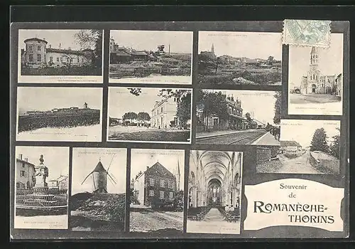 AK Romanéche-Thorins, l'Eglise, la Mairie et l'Eglise, Mine, Chateau de la Tour