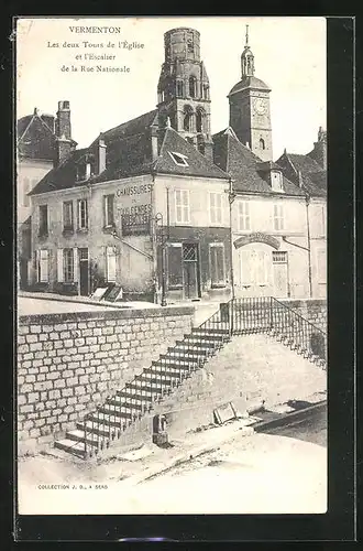 AK Vermenton, les deux Tours de l'Église et l'Escalier de la Rue Nationale