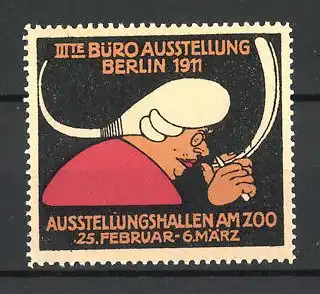 Reklamemarke Berlin, III. Büro-Ausstellung 1911, Mann schnitzt die Schreibfeder