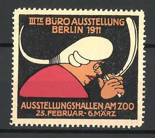 Reklamemarke Berlin, III. Büro-Ausstellung 1911, Schriftsteller spitzt seine Schreibfeder