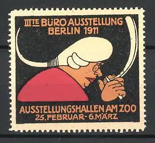 Reklamemarke Berlin, III. Büro-Ausstellung 1911, Schriftsteller spitzt seine Schreibfeder