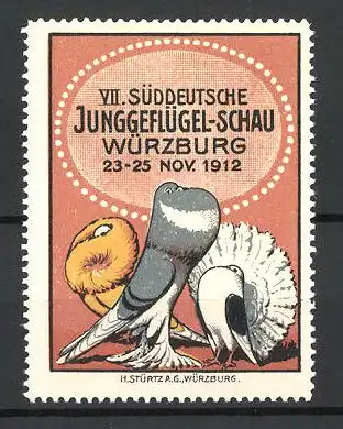 Reklamemarke Würzburg, VII. Süddeutsche Junggeflügel-Schau 1912, verschiedene Vogelarten