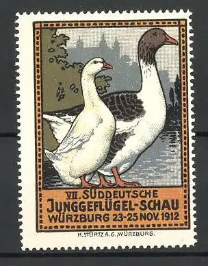 Reklamemarke Würzburg, VII. Süddeutsche Junggegeflügel-Schau 1912, Gänse am Seeufer
