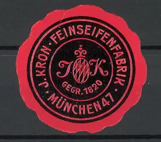 Präge-Reklamemarke Feinseifenfabrik J. Kron, München, Firmenlogo