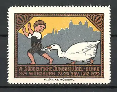 Reklamemarke Würzburg, VII. Süddeutsche Junggeflügel-Schau 1912, Gans beisst einem Buben in die Hose