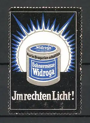 Reklamemarke Widroga Bohnermasse im rechten Licht, Dose und Sonne