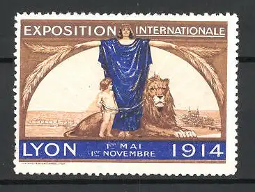 Reklamemarke Lyon, Exposition Internationale 1914, Göttin mit Engel und Löwen am Stadtrand