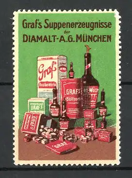 Reklamemarke Graf's Suppenerzeugnisse der Diamalt-AG München, verschiedene Suppenwürzen