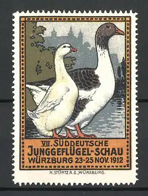Reklamemarke Würzburg, VII. Süddeutsche Junggeflügel-Schau 1912, Gänse am Seeufer