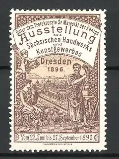 Reklamemarke Dresden, Ausstellung des Sächsischen Handwerks & Kunstgewerbes 1896, Arbeiter und Göttin am Stadtrand