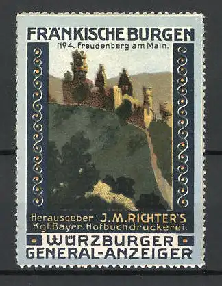 Reklamemarke Würzburger General-Anzeiger, Hofbuchdruckerei J. M. Richter, Serie Fränkische Burgen, No. 4, Freudenberg