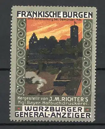 Reklamemarke Würzburger General-Anzeiger, Hofbuchdruckerei J. M. Richter, Serie Fränkische Burgen, No. 5, Scherenburg