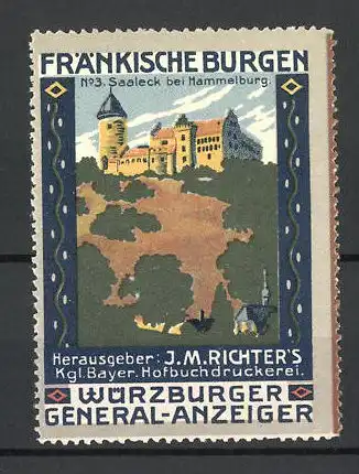 Reklamemarke Würzburger General-Anzeiger, Hofbuchdruckerei J. M. Richter, Serie Fränkische Burgen, No. 3, Saaleck