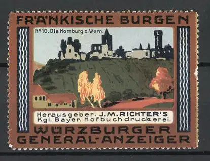 Reklamemarke Würzburger General-Anzeiger, Hofbuchdruckerei J. M. Richter, Serie Fränkische Burgen, No. 10, Homburg Wern