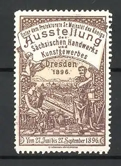 Reklamemarke Dresden, Ausstellung des Sächsischen Handwerks und Kunstgewerbes 1896, Arbeiter und Göttin am Stadtrand