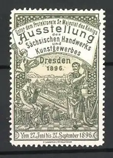 Reklamemarke Dresden, Ausstellung des Sächsischen Handwerks und Kunstgewerbes 1896, Arbeiter und Göttin am Stadtrand