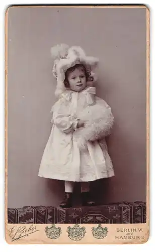 Fotografie E. Zieber, Hamburg, Portrait niedliches Mädchen im weissen Kleidchen mit Handwärmer